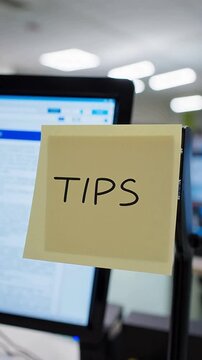 Sticky note with the word TIPS written on a computer monitor in an office setting