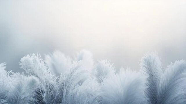 Swaying frost-covered plumes moving from gentle breeze in winter closeup, with pale sky