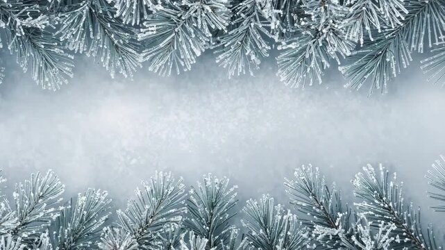 Looping frosted pine garlands gently shifting across winter border, showing ice crystals and bokeh