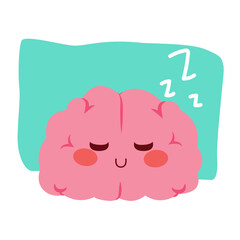 Cartoon illustration of a cute brain mascot sleeping on a large pillow with &ldquo;zzz&rdquo; symbol representing rest, energy recovery and the importance of sleep for mental health and cognitive wellbeing