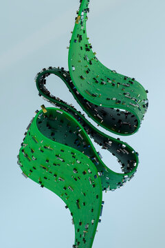 3D Vertical Circuit Spiral rising like ribbon motherboard