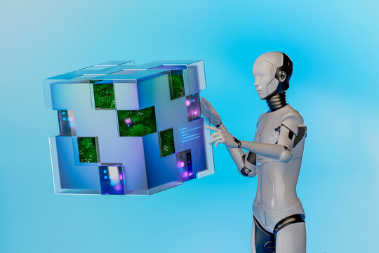 3D Robot Eco Cube interface with living panels and HUD