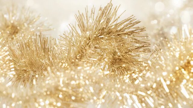 Moving camera showing gold tinsel garland in studio, highlighting sparkle and warm bokeh