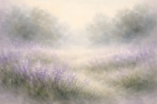 Soft ethereal oil painting depicts a dreamlike hazy field of lavender flowers bathed in gentle morning light
