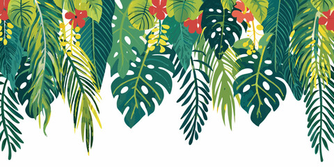 Lush tropical leaves and vibrant red flowers adorn a white background © Kopil