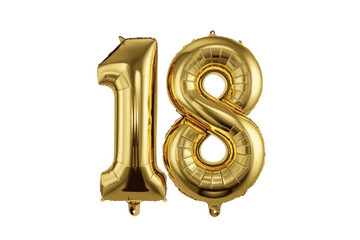 Fototapeta premium Golden number 18 foil balloons floating, celebrating milestone birthday or anniversary, transparent background
