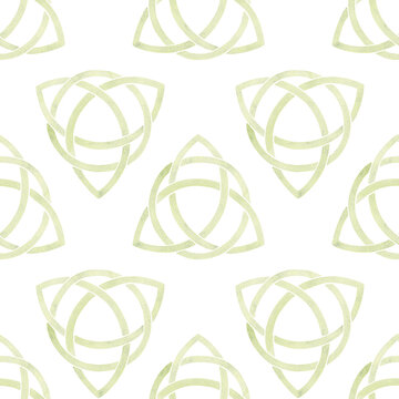 Green celtic Trinity Knot within a circle,in a single watercolor tone with paper texture in seamless pattern.Symbolic St.Patricks Day emblem for Irish heritage branding,national,cultural art projects