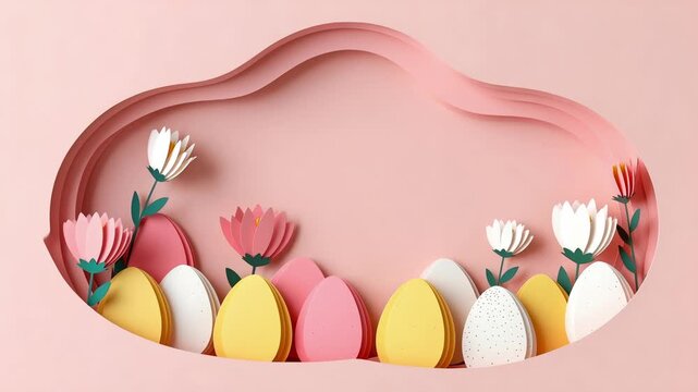 Pastel Easter eggs with spring flowers paper cut border animation