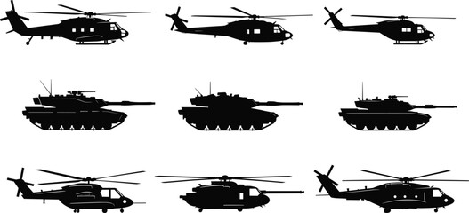Comprehensive fashion technical sketch collection including women polo shirts, athletic sneakers, and hooded puffer jackets with military tank and helicopter silhouette vector design assets. © Arman