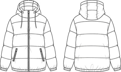 Women short sleeve polo shirt, athletic sneaker, and hooded puffer jacket vector technical sketch set, female sports apparel and footwear fashion template collection. © Arman