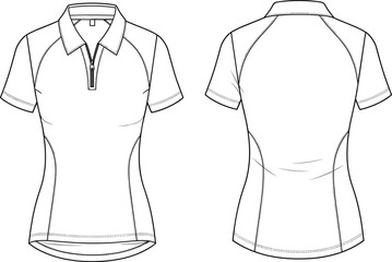 Women short sleeve polo shirt vector technical sketch with zipper front and raglan sleeves, female athletic t-shirt apparel template front and back view. © Arman