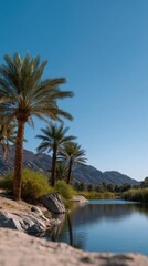 Obraz premium Tranquil Desert Oasis Surrounded by Palm Trees and Serene Waters in Bright Sky