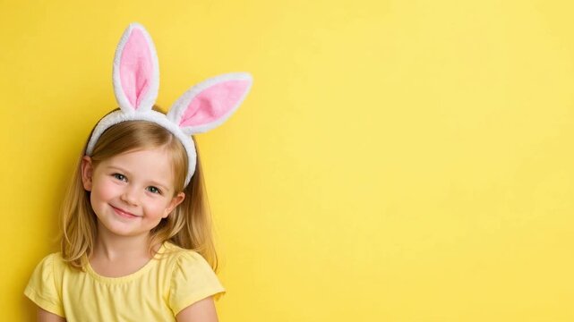 Happy little girl with bunny ears headband smiling on bright yellow background. Concept of Easter celebration, childhood joy, spring holiday and playful festive mood.