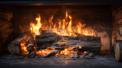 A cozy fireplace with burning logs and bright flames. The warm glow creates a comforting atmosphere, ideal for winter evenings.