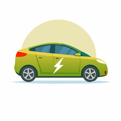 Obraz premium Cartoon electric car with lightning bolt symbol, eco-friendly green vehicle illustration