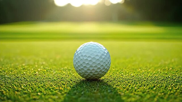 Golf ball on lush green grass putting green at sunset with golden hour lighting and bokeh flare