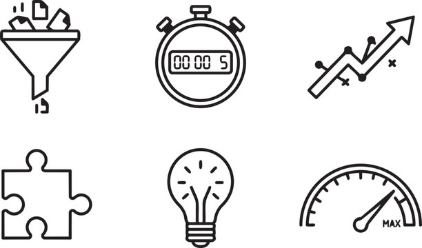 Business Optimization Workflow, Data Processing Efficiency and Strategic Growth Planning Minimalist Mono-line Icon Set Vector Illustration