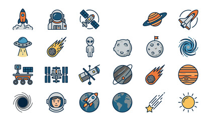 Collection of Space and Astronomy Icons Featuring Planets and Satellites. © Kenn