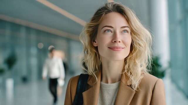 A Confident Journey: A serene portrait of a woman embodying calm optimism as she navigates a modern architectural space.