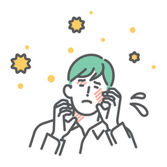 シンプル　イラスト　花粉症で肌がかゆくなる日本人男性のイメージ ベクターイラスト