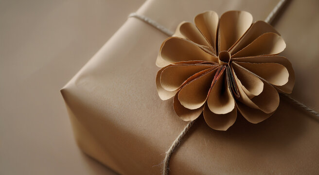 Close-up of a rustic brown gift package with paper flower and twine
