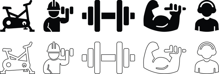 Fototapeta premium Fitness Gym Workout Training and Bodybuilding Minimalist Line and Solid Vector Icon Set
