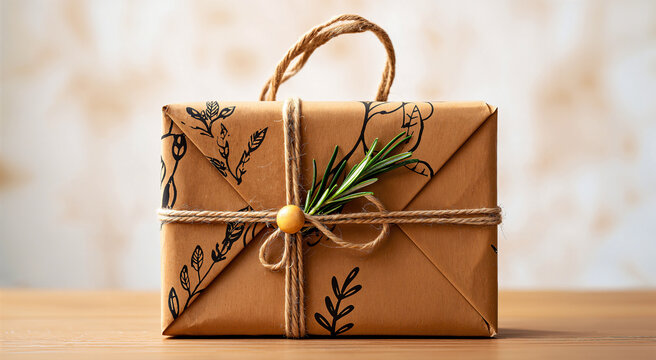 Rustic brown paper wrapped package with twine handle and rosemary sprig on wooden surface