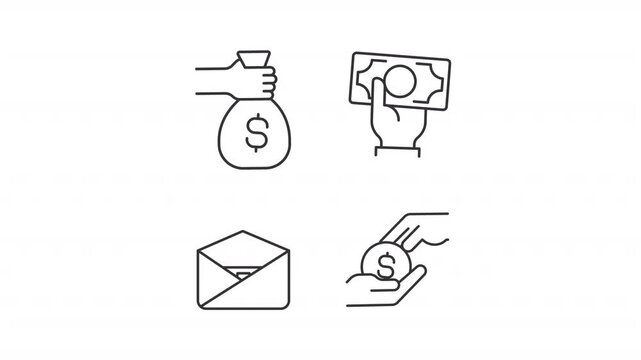 Animated financial aid line icons. Extra money earning animation set. Salary and income finance management. Payment control. Outline elements on white background. HD video with alpha channel