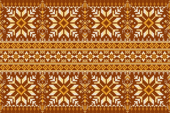 Pixel inspired ethnic woven pattern with geometric motifs in warm brown and cream tones. Ideal for textile printing, upholstery fabric, carpets, blankets, knitting design and industrial fabric product