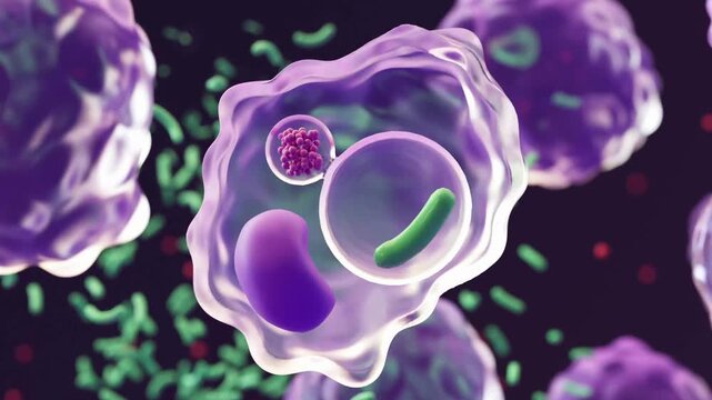3D medical animation of a white blood cell engulfing and digesting a bacterium during phagocytosis, illustrating the human immune response and cellular defense against infection.