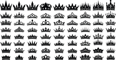 Large set of black crown silhouette icons, royal tiara collection for king and queen, luxury jewelry symbols isolated on white background © RIFAT W