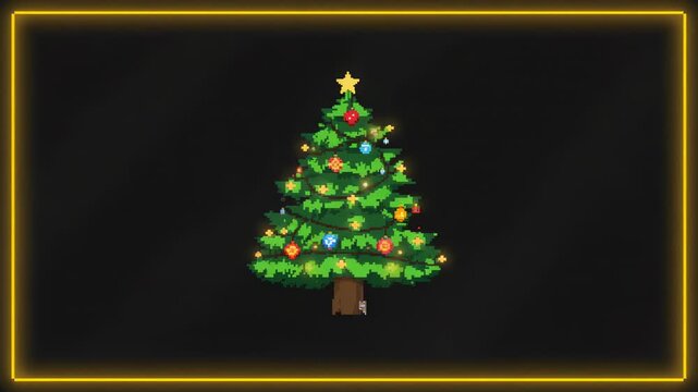 Loop starting pixel tree pulsing lights, sparkling ornaments, star in neon border for festive glow