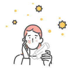 シンプル　イラスト　花粉症で肌荒れや湿疹が出る日本人女性のイメージ ベクターイラスト