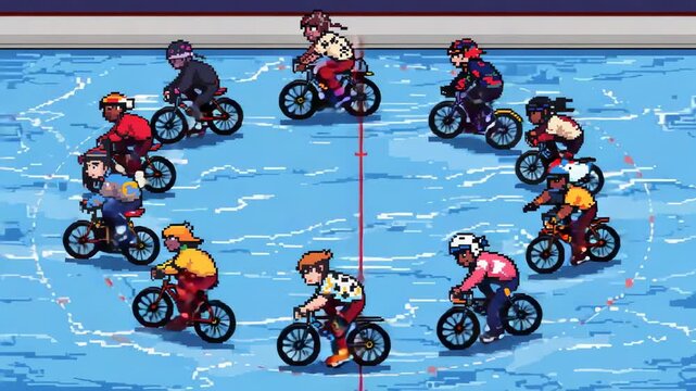 Pedaling riders wearing racing jerseys on BMXs drifting right on track, passing red marker for lead