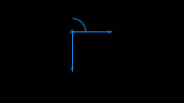 Glowing blue angle measurement animation with rotating coordinate system and precise degree display on black background, symbolizing mathematical precision and geometric accuracy