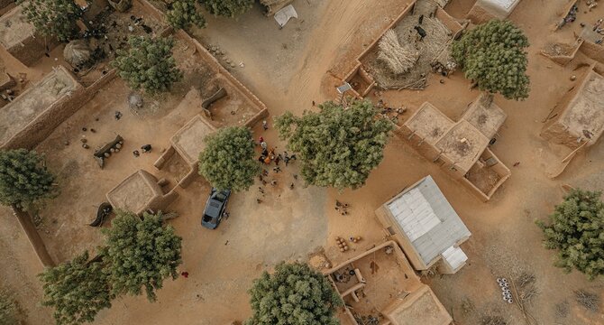 Aerial view of earthen homes and verdant trees interspersed, casting shadows on the sandy ground, Daura, Katsina, Nigeria.