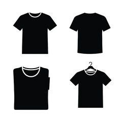 Naklejka premium Four black t-shirt mockups display front, back, folded, and hanging views for apparel design presentation.