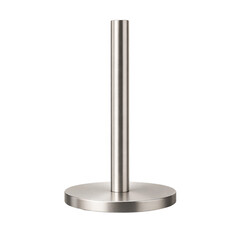 Paper towel holder with flat circular base and vertical rod, brushed stainless steel cylindrical form, straight-on front view, isolated on transparent background