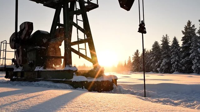Industrial oil pumpjack extracts resources from a landscape at dawn.