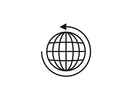 Black and white illustration of globe with arrow circling around it