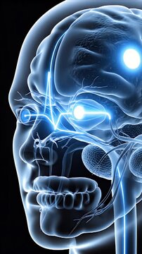 CGI Rendering of Human Brain and Optic Nerve Pathways Illustrating Amblyopia Risk and Visual Processing with Blue Neon Glow on Black Background
