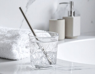 Refresh with this elegant glass of water featuring a reusable straw on a marble bathroom vanity. Ideal for wellness, sustainable living, and a healthy morning selfcare lifestyle routine.