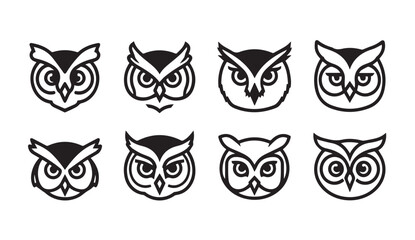 Fototapeta premium Collection of Owl Head Icons Vector Graphics Stylized Birds Faces Minimalist Design