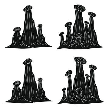 Four distinct black silhouette icons depict various hoodoo rock formations against a stark white background for geological study or design elements.