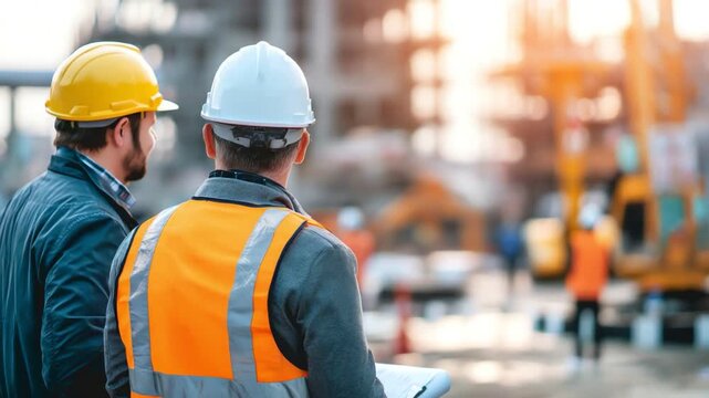 Construction workers observe site progress, showcasing teamwork and safety measures in a bustling construction environment