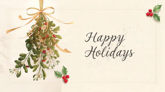 Starting loop making mistletoe and holly swaying on cream card, with gold ribbon and Happy Holidays