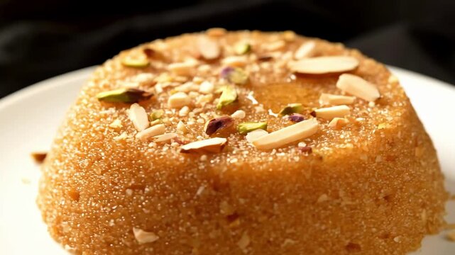 Traditional indian suji halwa or semolina sheera dessert garnished with chopped almonds and pistachios, served on a white plate against a dark background.