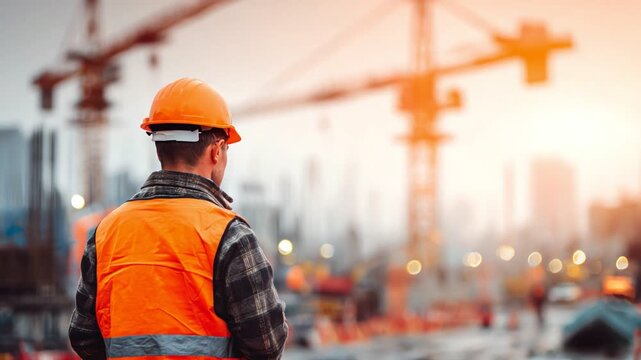 A construction worker in an orange safety vest and helmet observes the building site, surrounded by cranes and scaffolding, highlighting the essence of modern infrastructural devel