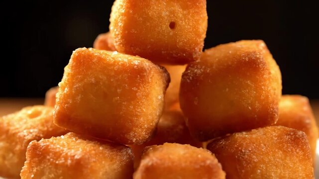 Stacked golden deep-fried dough cubes dusted with granulated sugar or salt, macro shot on dark background emphasizing crispy texture