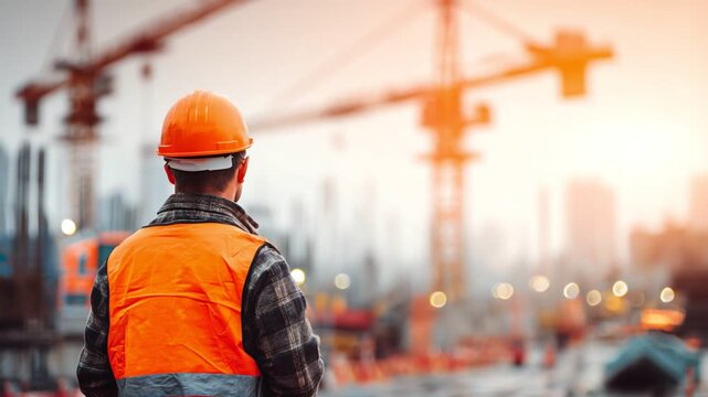 A construction worker in an orange safety vest and hard hat observes a bustling construction site at sunset, showcasing the blend of human effort and modern architecture in progres